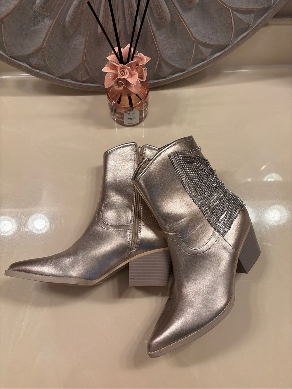 Metallic Silver Women's Ankle Booties with Sequin Embellishment